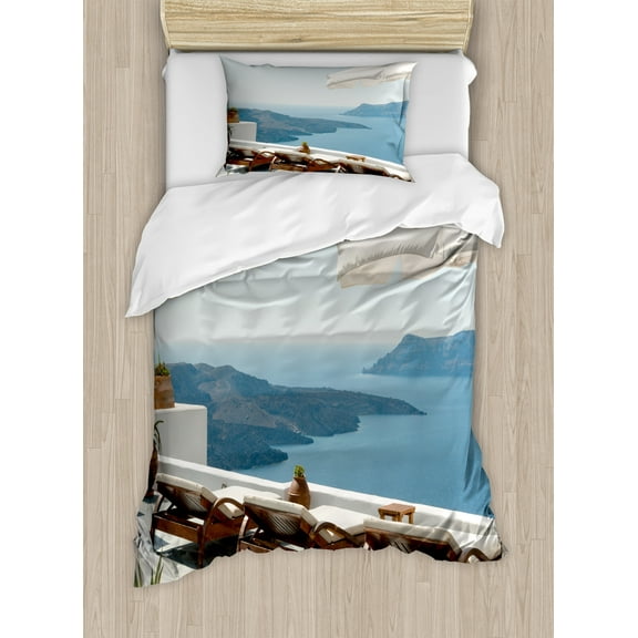 Travel Duvet Cover Set, Sunbathing with Caldera View Terrace Santorini Aegean Greece Art Print, Decorative 2 Piece Bedding Set with 1 Pillow Shams, Twin Size, Blue White and Green, by Ambesonne