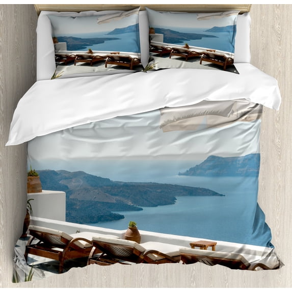 Travel Duvet Cover Set, Sunbathing with Caldera View Terrace Santorini Aegean Greece Art Print, Decorative 3 Piece Bedding Set with 2 Pillow Shams, King Size, Blue White and Green, by Ambesonne