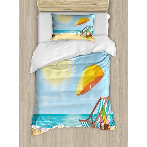 Travel Duvet Cover Set Twin Size, Sea Shore View with a Deck Chair and a Beach Umbrella on the Sand Summer Vacation, Decorative 2 Piece Bedding Set with 1 Pillow Sham, Multicolor, by Ambesonne