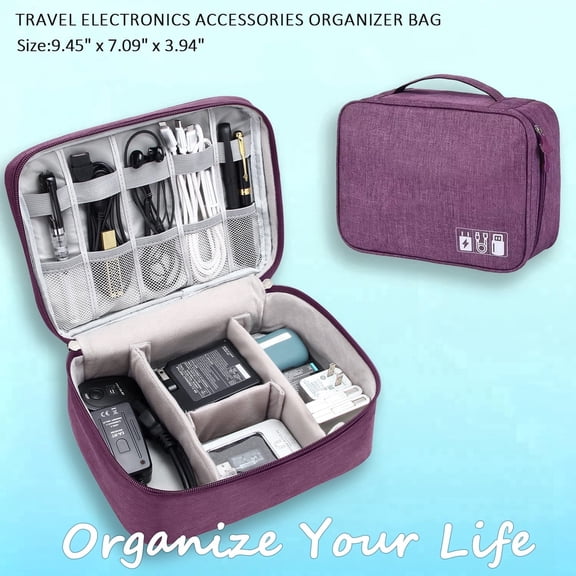 Travel Electronics Organizer Case, Water Resistant Travel Bag Cable Organizer for Essentials, Tech Pouch Accessories Carry Storage for Cables, Phone, Airpods, USB Flash Drive,Purple