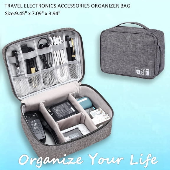 Travel Electronics Organizer Case, Water Resistant Travel Bag Cable Organizer for Essentials, Tech Pouch Accessories Carry Storage for Cables, Phone, Airpods, USB Flash Drive,Gray