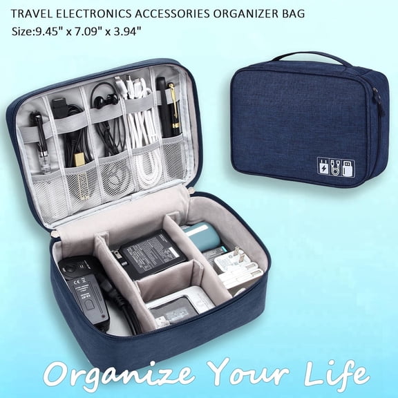 Travel Electronics Organizer Case, Water Resistant Travel Bag Cable Organizer for Essentials, Tech Pouch Accessories Carry Storage for Cables, Phone, Airpods, USB Flash Drive,Dark Blue