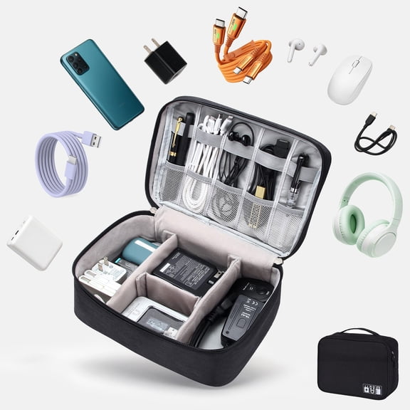 Travel Electronics Organizer Cable Bag Water Resistant Universal Electronics Accessories Storage Cases for Cables, Phone, Airpods, Hard Drives,Power Bank,Charger,Black