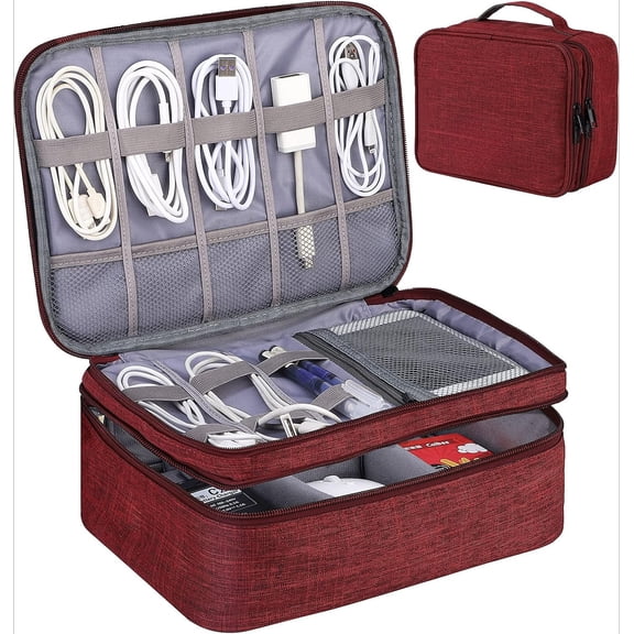Travel Electronics Organizer, Waterproof Cable Organizer Bag for Electronic Accessories Double Layer Large Shockproof Cable Storage Bag for Cord, Power Bank, Tablet(Up to iPad 11 inch) - Wine Red