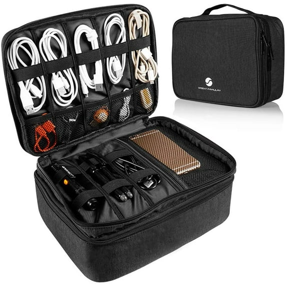 Travel Electronics Organizer, Waterproof Cable Organizer Bag for Electronic Accessories Double Layer Large Shockproof Cable Storage Bag for Cord, Power Bank, Tablet(Up to iPad 11 inch) - Black