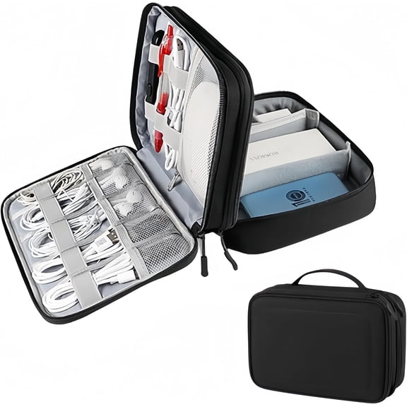 Travel Electronics Organizer Waterproof Double Layer Cable Storage Bag for Electronic Accessories, Large Shockproof Case for Cords, Tablets, Power Banks Organizer