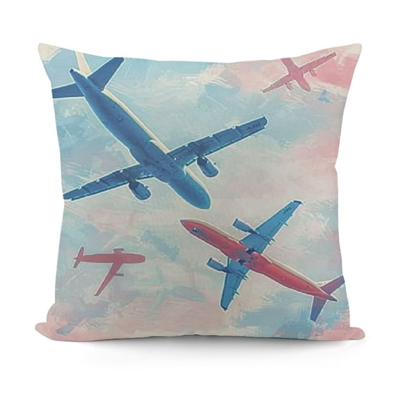 Travel Emoji Throw Pillow Cushion Cover, Adventure Journey Concept Simplistic Planes Over Clouds Print, Decorative Square Accent Pillow Case, Pale Fuchsia and Sky Blue