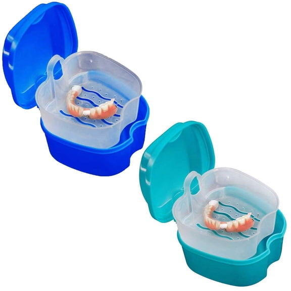 Travel-Essential Denture Bath Box, Portable Dental Case with Strainer, Resistant Plastic for Easy Cleaning and Safe Storage (Blue, 2-Pack)
