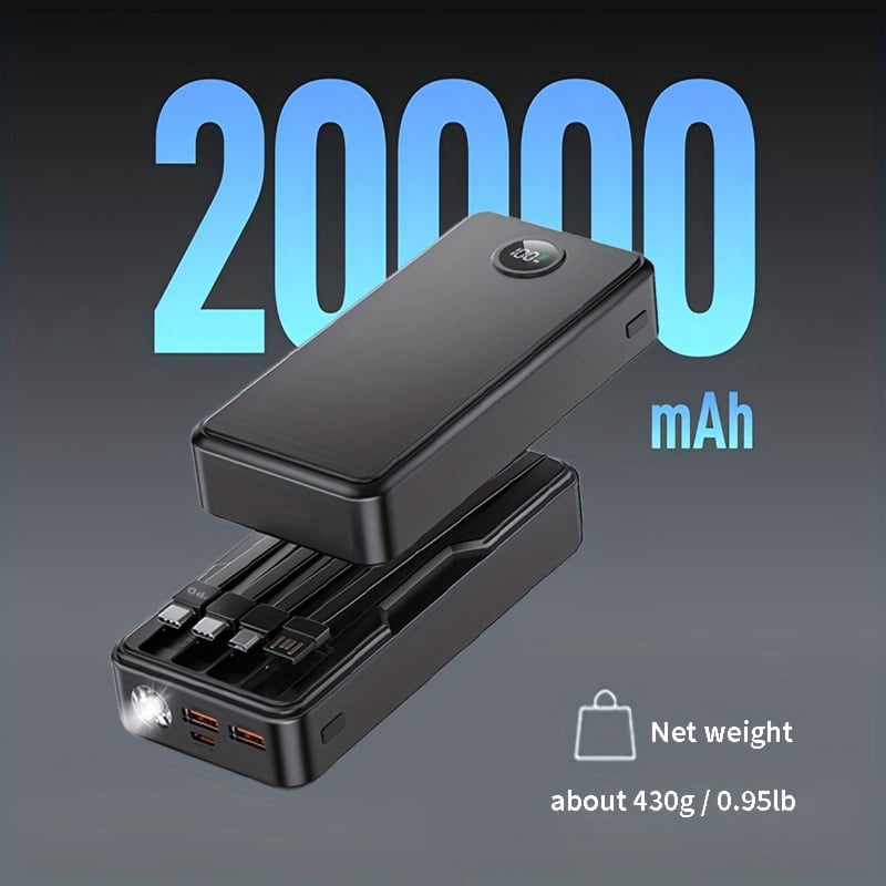 Travel Essential Portable 20000mAh Power Bank With 4 Built-in Cables,Travel Essential Portable Charger,22.5W Fast Charging Battery Charger,USB-C Input/Output, 6 Output 2 Input Cell Phone Battery Pack