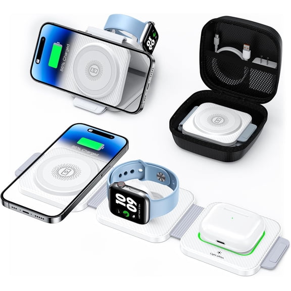 Travel Essentials 3 in 1 Charging Station Dual Magnetic Wireless Charger for iPhone 17/16/15/14/13/12 Series and Apple Watch, Portable Charger for iPhone Watch and Airpods 4/3/2/Pro