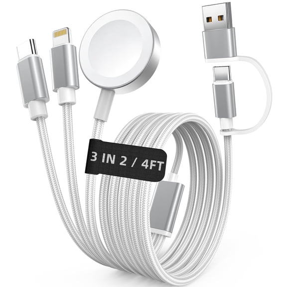Travel Essentials, 3 in 2 USB C Cable for Apple Watch Charger,iPhone Charger,Multi Charging Cable,Cruise Vacation Camping Essentials,Portable for iWatch Series 11-2/Ultra/SE & iPhone 17-12,Car,White