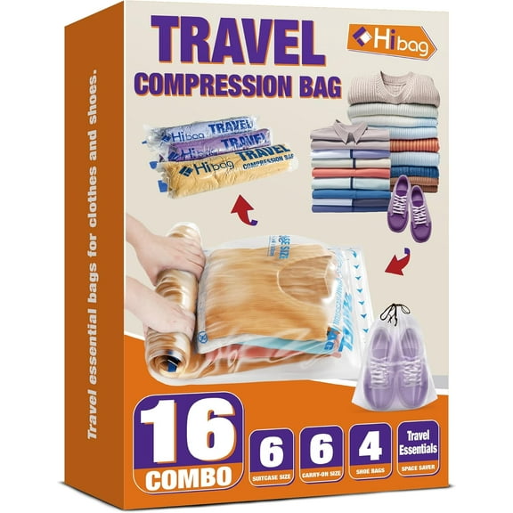 Travel Essentials Compression Bags, 12 Clothes Bags and 4 Shoe Bags for Cruise Luggage Accessories (16-Travel)