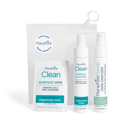 Travel Essentials by PlaneAire: (1) Hand Sanitizer Gel 3-Mint, (1) Clean Surface & Air Mist, (6) Clean Individually-Wrapped Surface Wipes, Packed in a Reusable Zip-Top Bag
