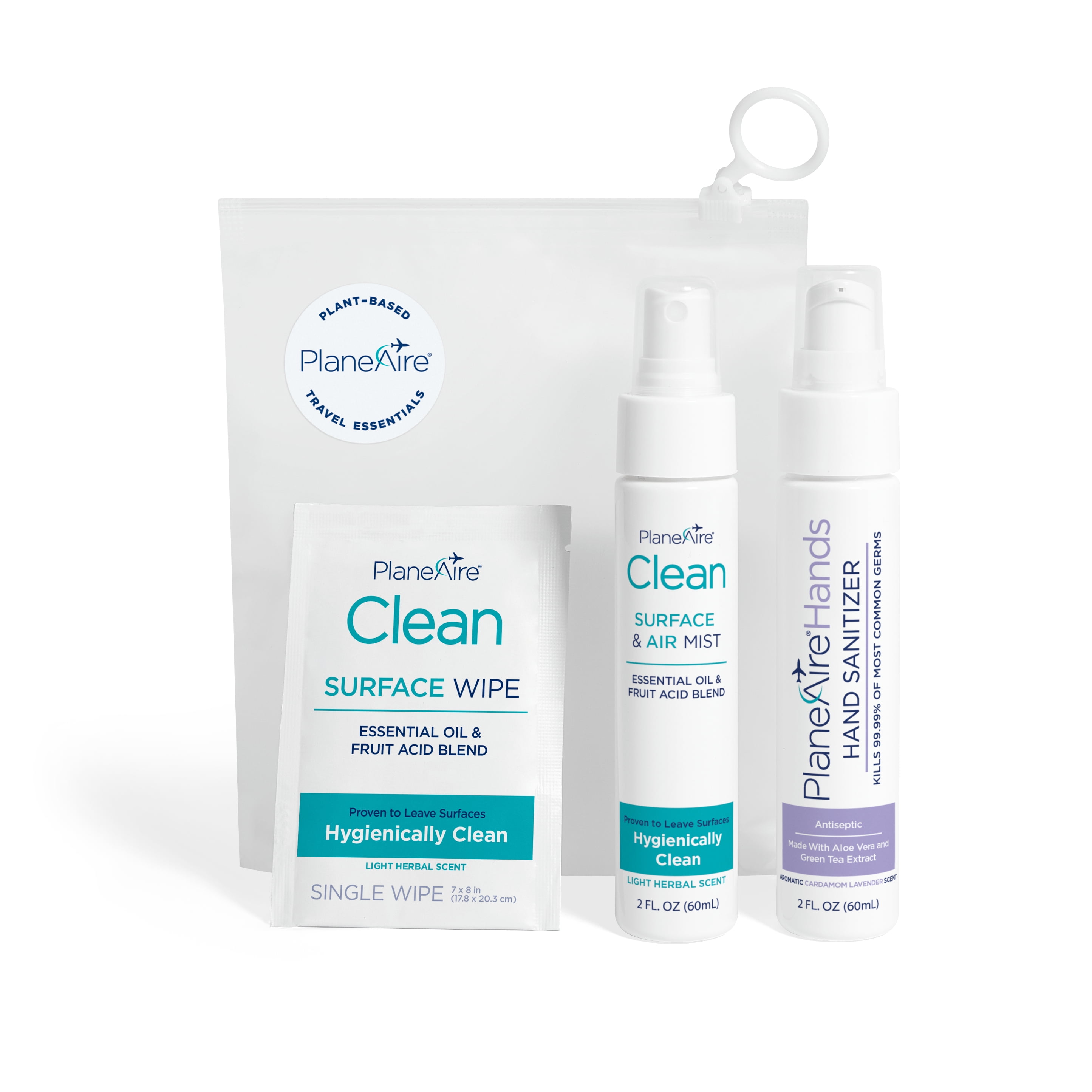 Travel Essentials by PlaneAire: (1) Hand Sanitizer Lotion Cardamom Lavender, (1) Clean Surface & Air Mist, (6) Clean Individually-Wrapped Surface Wipes, Packed in a Reusable Zip-Top Bag