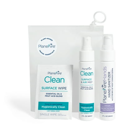 Travel Essentials by PlaneAire: (1) Hand Sanitizer Lotion Cardamom Lavender, (1) Clean Surface & Air Mist, (6) Clean Individually-Wrapped Surface Wipes, Packed in a Reusable Zip-Top Bag