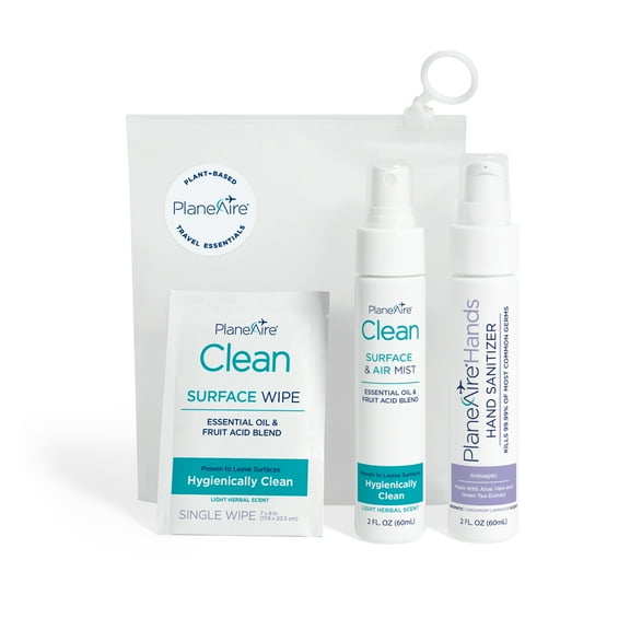 Travel Essentials by PlaneAire: (1) Hand Sanitizer Lotion Cardamom Lavender, (1) Clean Surface & Air Mist, (6) Clean Individually-Wrapped Surface Wipes, Packed in a Reusable Zip-Top Bag