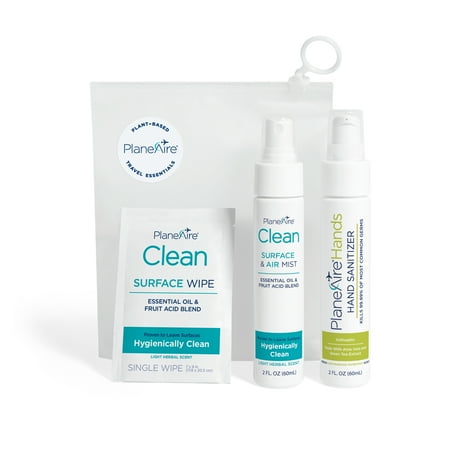 Travel Essentials by PlaneAire: (1) Hand Sanitizer Lotion Lemongrass Rosemary, (1) Clean Surface & Air Mist, (6) Clean Individually-Wrapped Surface Wipes, Packed in a Reusable Zip-Top Bag