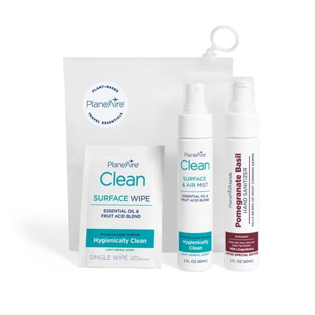 Travel Essentials by PlaneAire: (1) Hand Sanitizer Lotion Pomegranate Basil, (1) Clean Surface & Air Mist, (6) Clean Individually-Wrapped Surface Wipes, Packed in a Reusable Zip-Top Bag