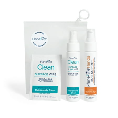 Travel Essentials Zip Top Bag: PlaneAire Hand Sanitizer Gel, Orange Pineapple 2 fl oz, PlaneAire Clean Surface & Air Mist 2 fl oz + 6 PlaneAire Clean Surface Wipes