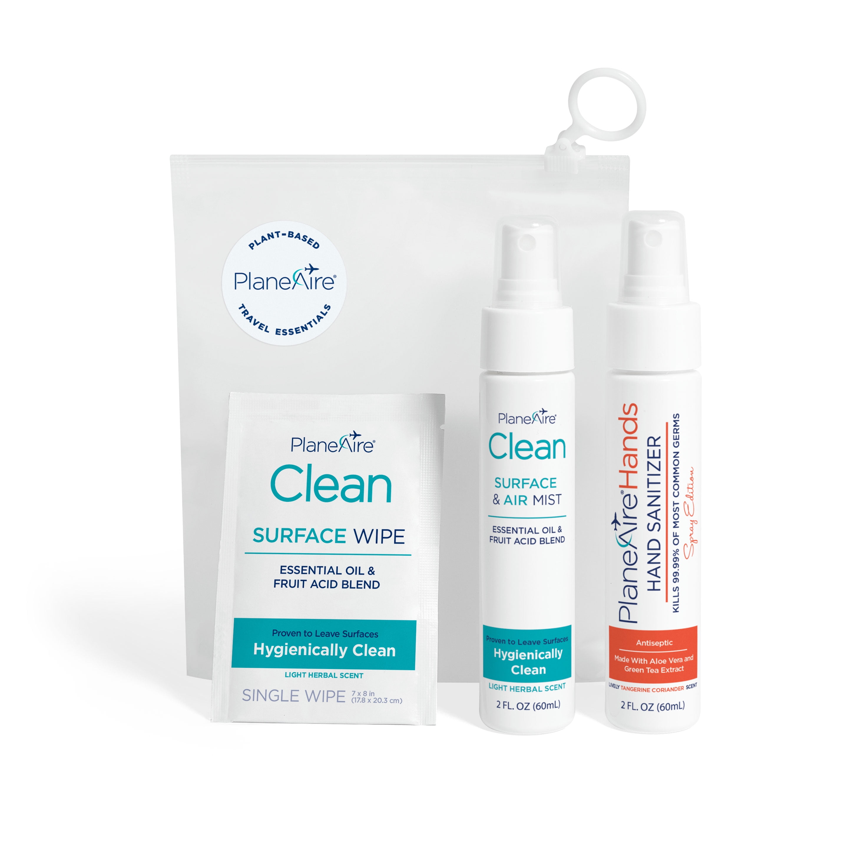Travel Essentials Zip Top Bag: PlaneAire Hand Sanitizer Spray, Tangerine Coriander 2 fl oz, PlaneAire Clean Surface & Air Mist 2 fl oz + 6 PlaneAire Clean Surface Wipes