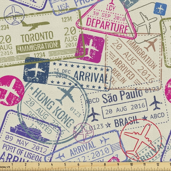Ambesonne Airplane Fabric by the Yard Upholstery, Passport Stamps Cities, 5 Yards, Eggshell and Pink