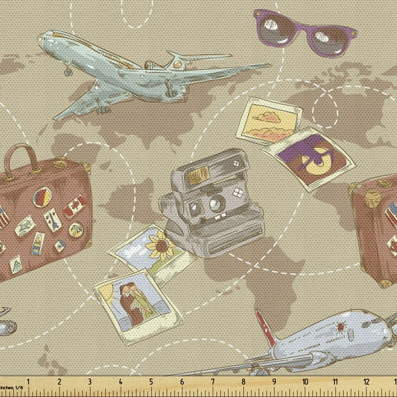 Ambesonne Travel Fabric by the Yard Upholstery, Plane Bag Camera World Map, 1 Yard, Multicolor