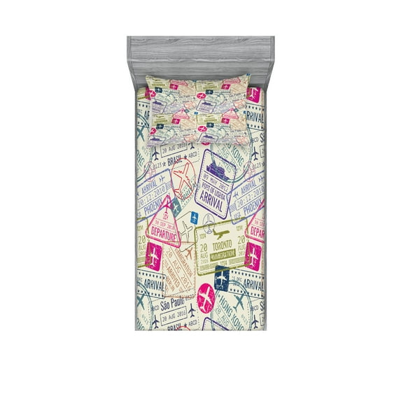 Travel Fitted Sheet & Pillow Sham Set, Passport and Visa Stamps Illustration of Toronto Hong Kong Berlin Print, Decorative Printed 4 Piece Bedding Decor Set, Twinxl, Eggshell and Pink, by Ambesonne