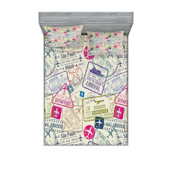 Travel Fitted Sheet & Pillow Sham Set, Passport and Visa Stamps Illustration of Toronto Hong Kong Berlin Print, Decorative Printed 6 Piece Bedding Decor Set, Full, Eggshell and Pink, by Ambesonne