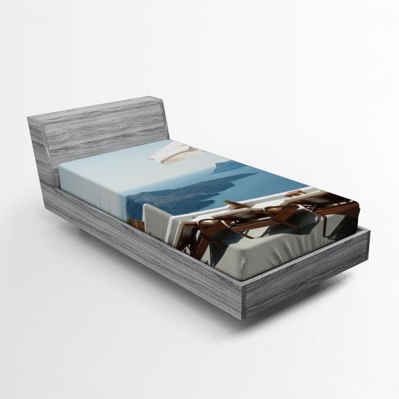 Ambesonne Greek Fitted Sheet, Caldera View Santorini, Twin Size, Blue White and Green