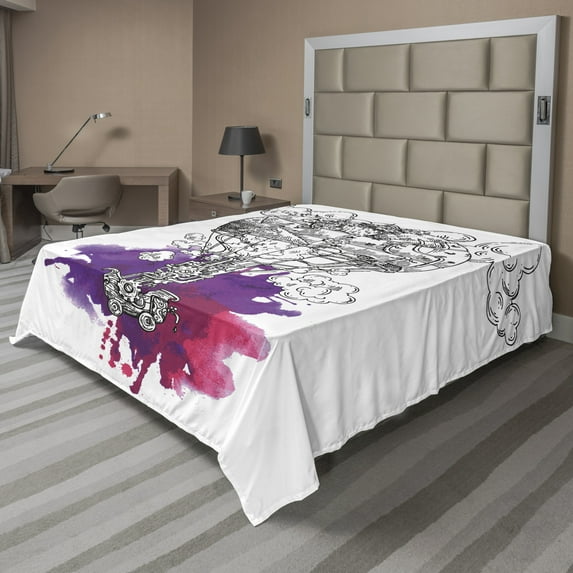Ambesonne Travel Flat Sheet, Sketch Retro Aircraft, Full Size, Violet Charcoal Grey