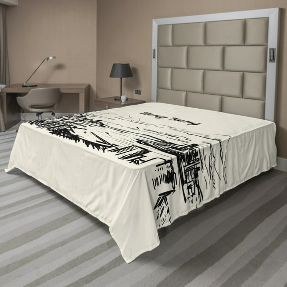 Travel Flat Sheet, Hong Kong Typography and Skyline Drawn by Hand in Monochrome Style, Soft Comfortable Top Sheet Decorative Bedding 1 Piece, 6 Sizes, Eggshell and Dark Taupe, by Ambesonne