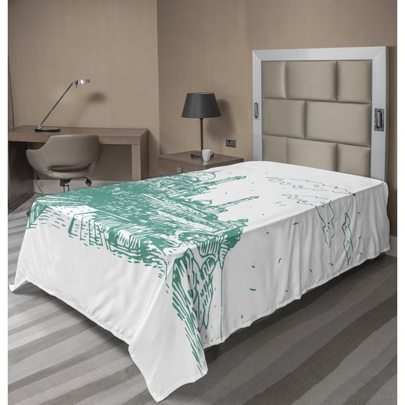 Ambesonne Travel Flat Sheet, Taj Mahal Monochrome Sketch, Twin Size, Dark Seafoam White