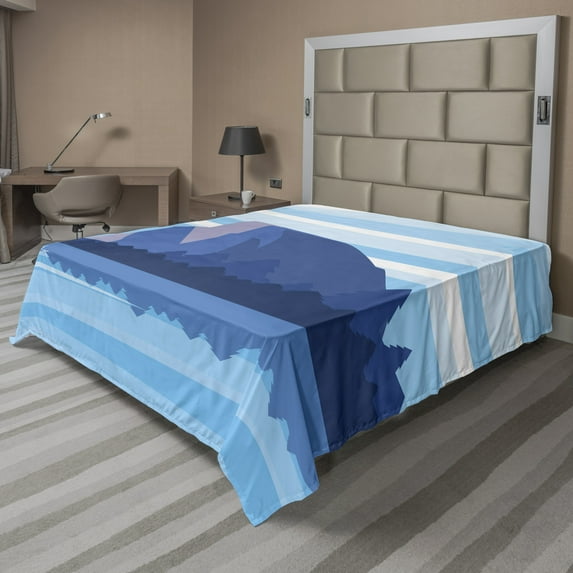 Travel Flat Sheet, Mountains with Forest Silhouettes on Reflection, Soft Comfortable Top Sheet Decorative Bedding 1 Piece, 6 Sizes, Sky Blue Dark Violet, by Ambesonne