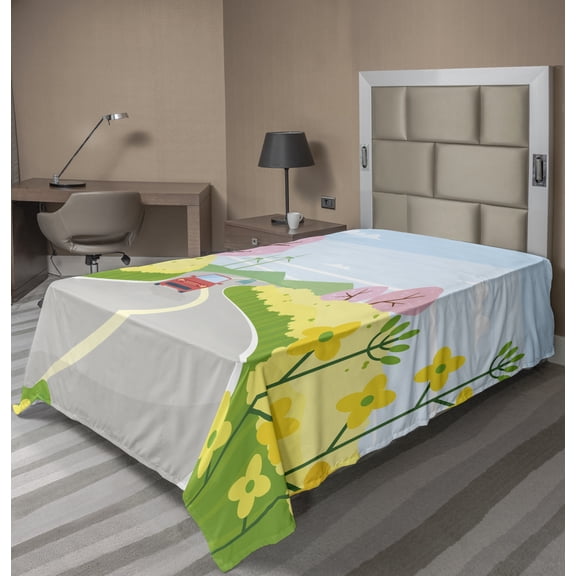 Ambesonne Travel Flat Sheet, Cars on Road in Nature, TwinXL Size, Multicolor