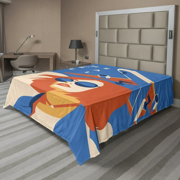 Travel Flat Sheet, Time to Explore Message Along a Woman at the Airport Summer Vacation Graphic, Soft Comfortable Top Sheet Decorative Bedding 1 Piece, 6 Sizes, Blue Scarlet Ivory, by Ambesonne