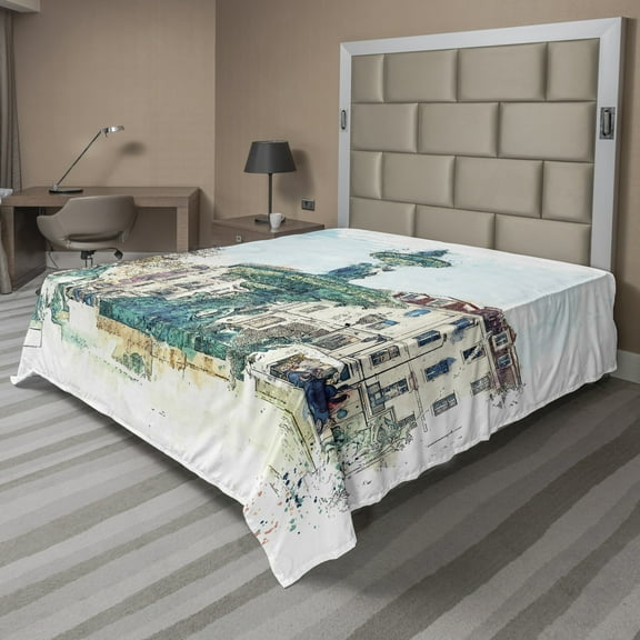 Ambesonne Travel Flat Sheet, Old Fountain in Town Square, Full Size, Multicolor