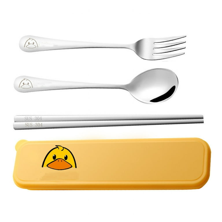 Travel Flatware Set with Case Portable Stainless Steel Spoon Fork Chopsticks Non-Coated Tableware Set for Outdoor Picnic Yellow Duck Spoon Fork