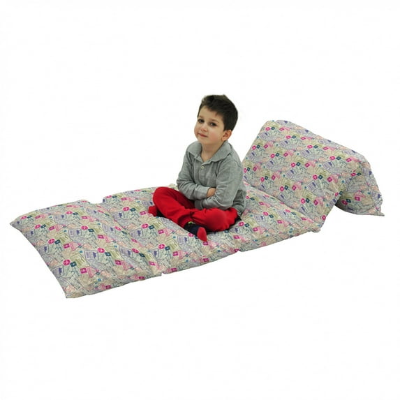 Travel Floor Pillow Lounger Cover, Passport and Visa Stamps Illustration of Toronto Hong Kong Berlin Print, Nap Mat Printed Fabric Case for 5 Pillows, 88" x 36", Eggshell and Pink, by Ambesonne