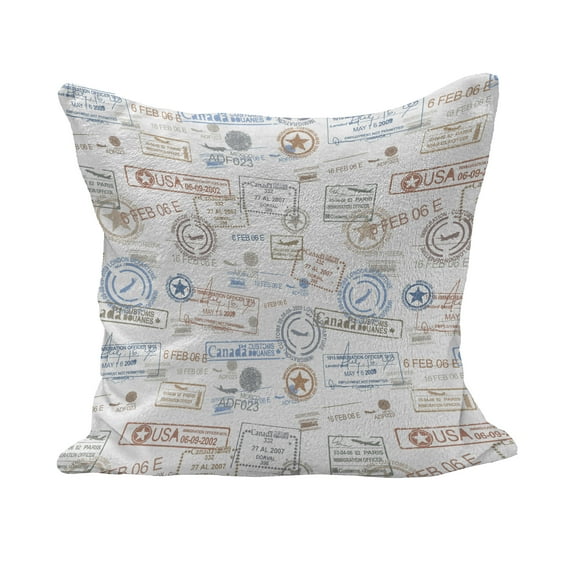 Travel Fluffy Throw Pillow Cushion Cover, Vintage Old Rubber Stamps Tourist Passport Visa Certificate Vacation Holiday Theme, Decorative Square Accent Pillow Case, 26" x 26", Multicolor, by Ambesonne
