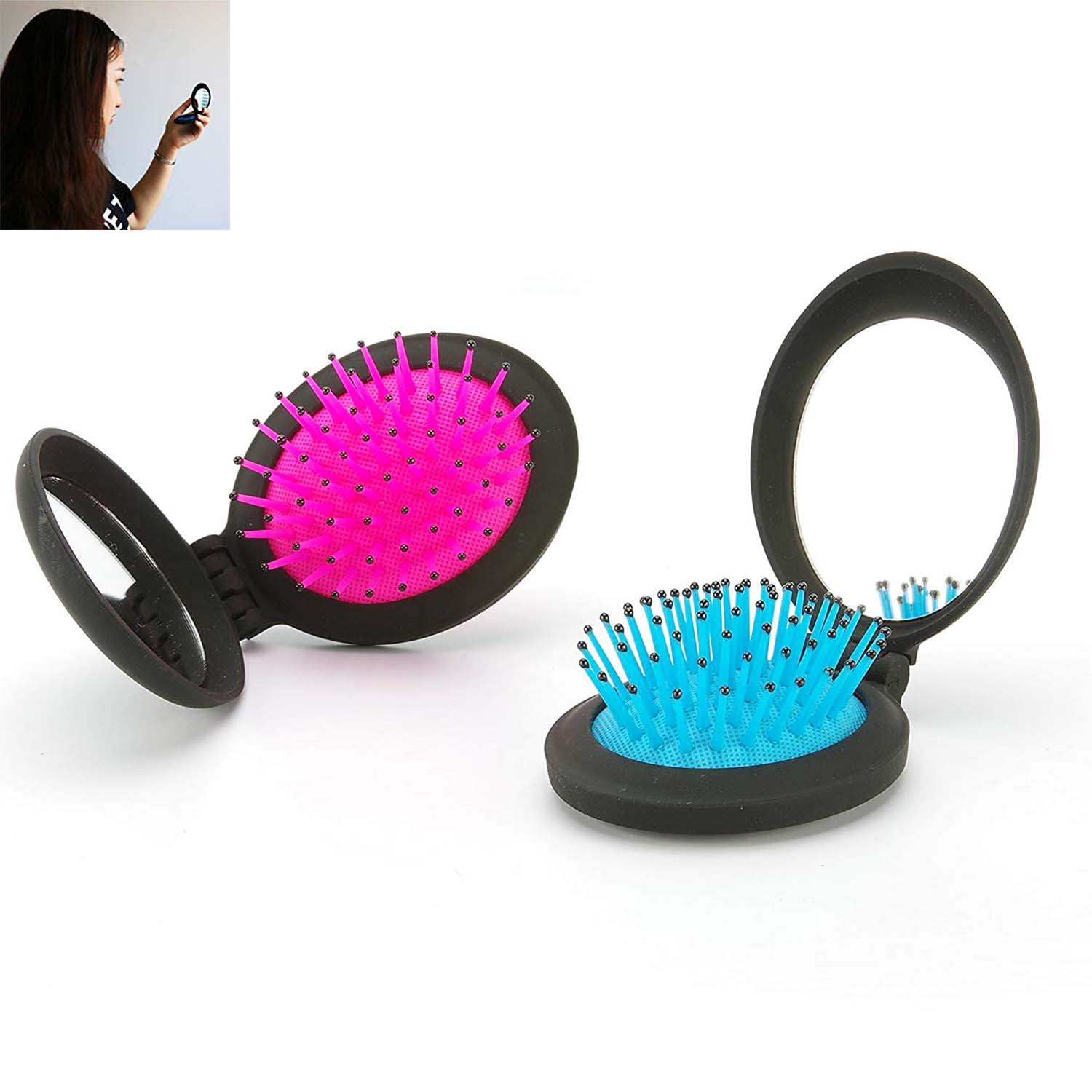 Travel Folding Hair Brush with Mirror Pocket Comb Mini Pop Up Hairbrush Set Bulk Gift Idea