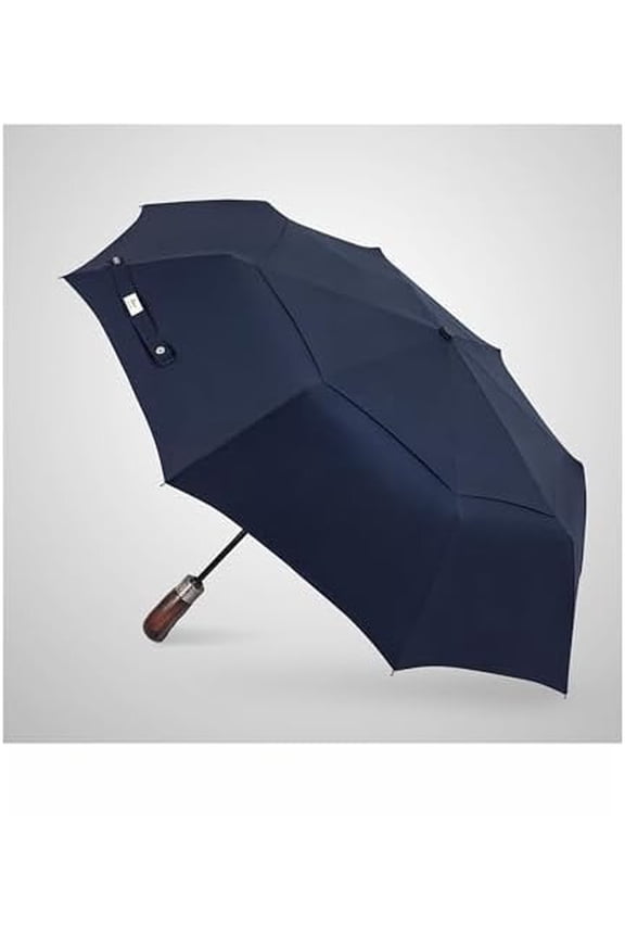 Travel Folding Umbrella with Real Wood Handle Auto Open Close Vented Windproof Canopy - Designed in UK Dark Navy
