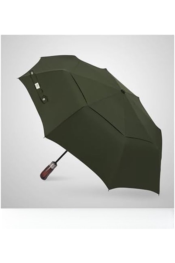 Travel Folding Umbrella with Real Wood Handle Auto Open Close Vented Windproof Canopy - Designed in UK Olive Green with Real Wood Handle