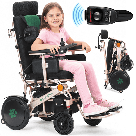 Bangeran Pegasus Travel Friendly Small Power Wheelchair for Slim Size, Thick Comfortable Seat Cushion, LED Headlights & USB Port, Remote Controller - Bronze Green