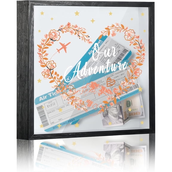 Travel Fund Box, 8x8 Our Adventure Shadow Box Frame with Slot, Piggy Saving Decoration for Graduation Shower Wedding, Orange Heart-Shaped Leaves Memory -A21