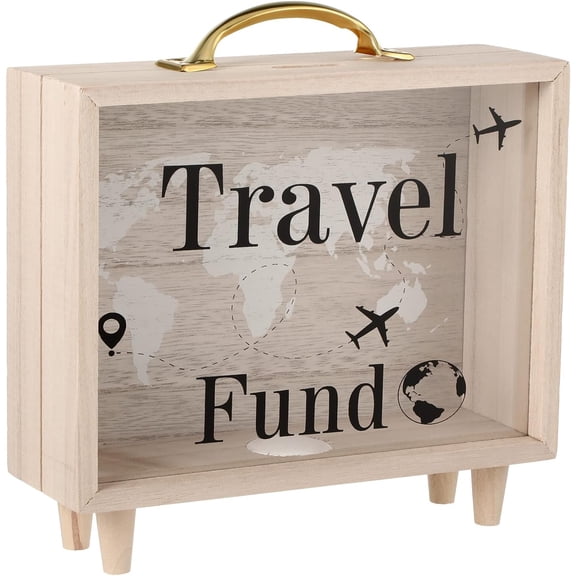 Travel Fund Box Piggy Bank for Adults Money Savings Box Vacation Decorative Suitcase Wooden Coin Bank for Vacation Wedding, 8 x 7.3 x 2.8 Inch(Travel Fund)