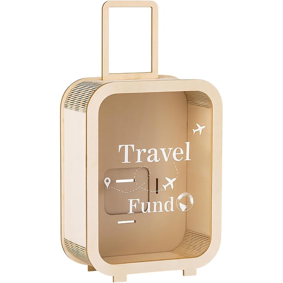 Travel Fund Money Box Wooden Vacation Decorative Savings Box Suitcase Wood Honeymoon Money Coin Bank Case Gift for Adults Wedding Reception, Birthday, Bridal Showers