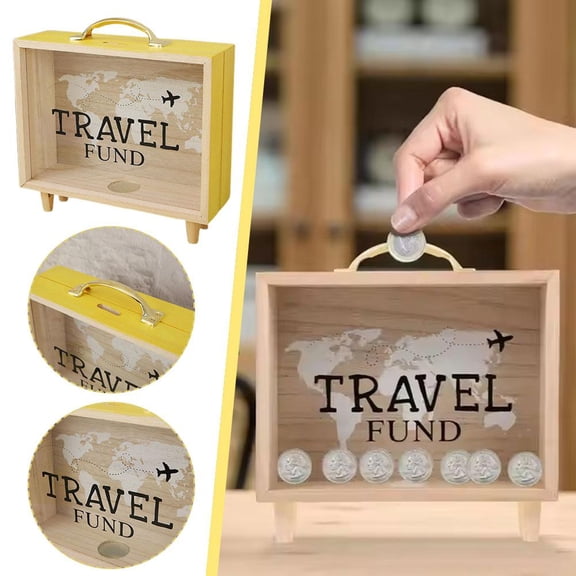 Travel Fund Piggy Bank, Decorative Wooden Money Box with Handle for Vacation, Wedding, Holiday Adventure Savings - Clear View Jar