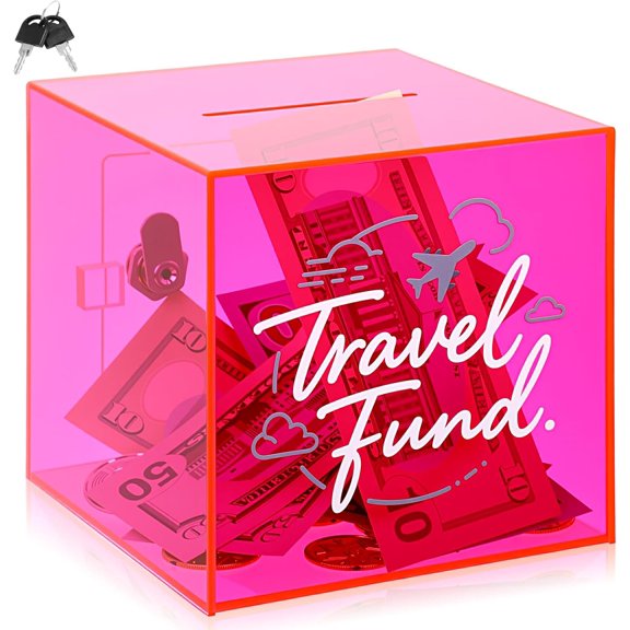 Travel Fund Pink Piggy Bank with Lock and Key Pink Acrylic Money Saving Box for Cash Coins Real Money