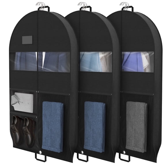 DAKOMM 51"Travel Garment Bag with Zipper Pocket, 3 Pack Odorless Garment Covers,Suit Bag for Suits, Dresses, Coats (Black)