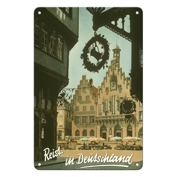 Travel to Germany (Reist in Deutschland) - The Roman (Römer) Old Town Hall - Frankfurt - Vintage Travel Poster c.1950s - 8 x 12 inch Vintage Metal Tin Sign